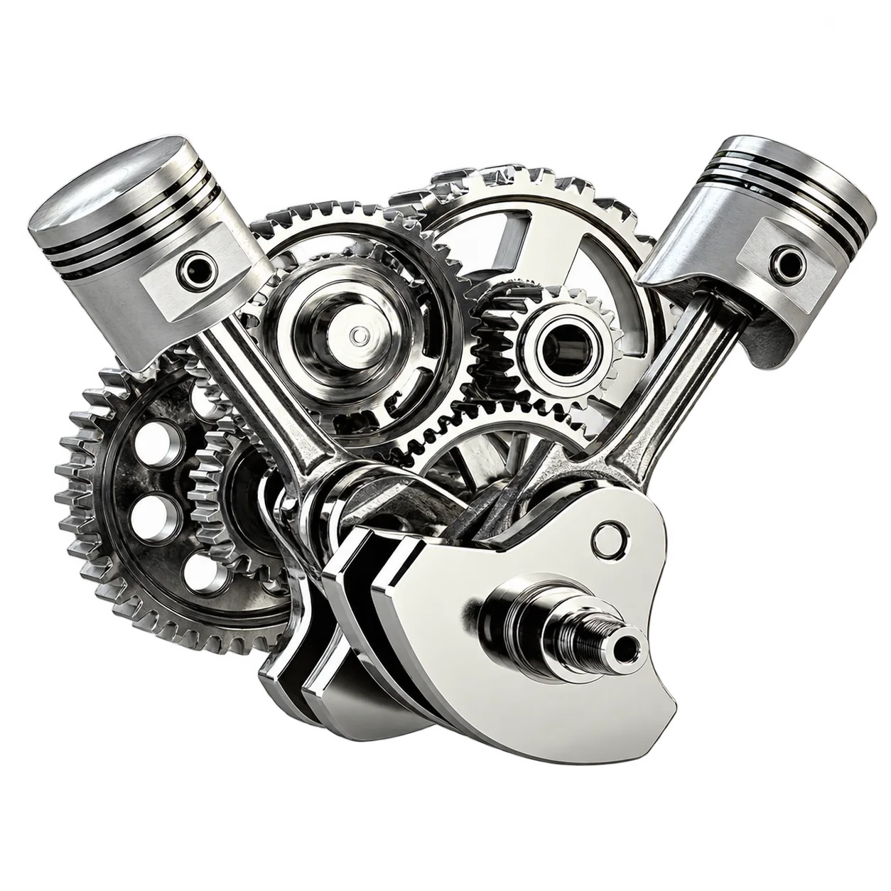 Rendu d'un moteur mécanique en métal chromé montrant deux pistons, plusieurs engrenages et un vilebrequin sur fond blanc.