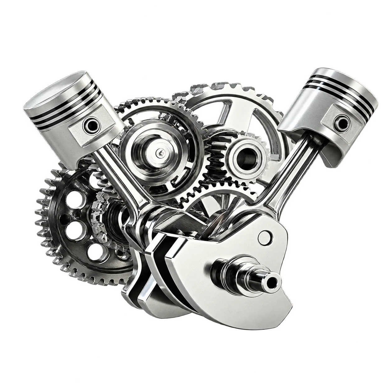 Rendu 3D d'un moteur métallique chromé composé de pistons, d'engrenages et d'un vilebrequin, présenté sur fond blanc.