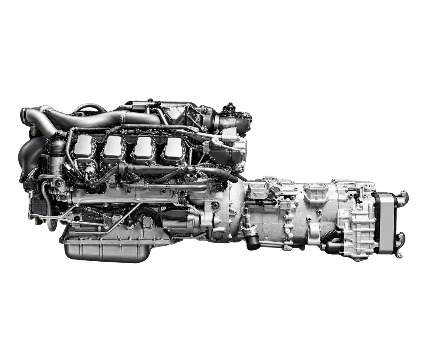 Un moteur diesel V8 de poids lourd associé à sa boîte de vitesses, présenté en suspension sur un fond gris uni.