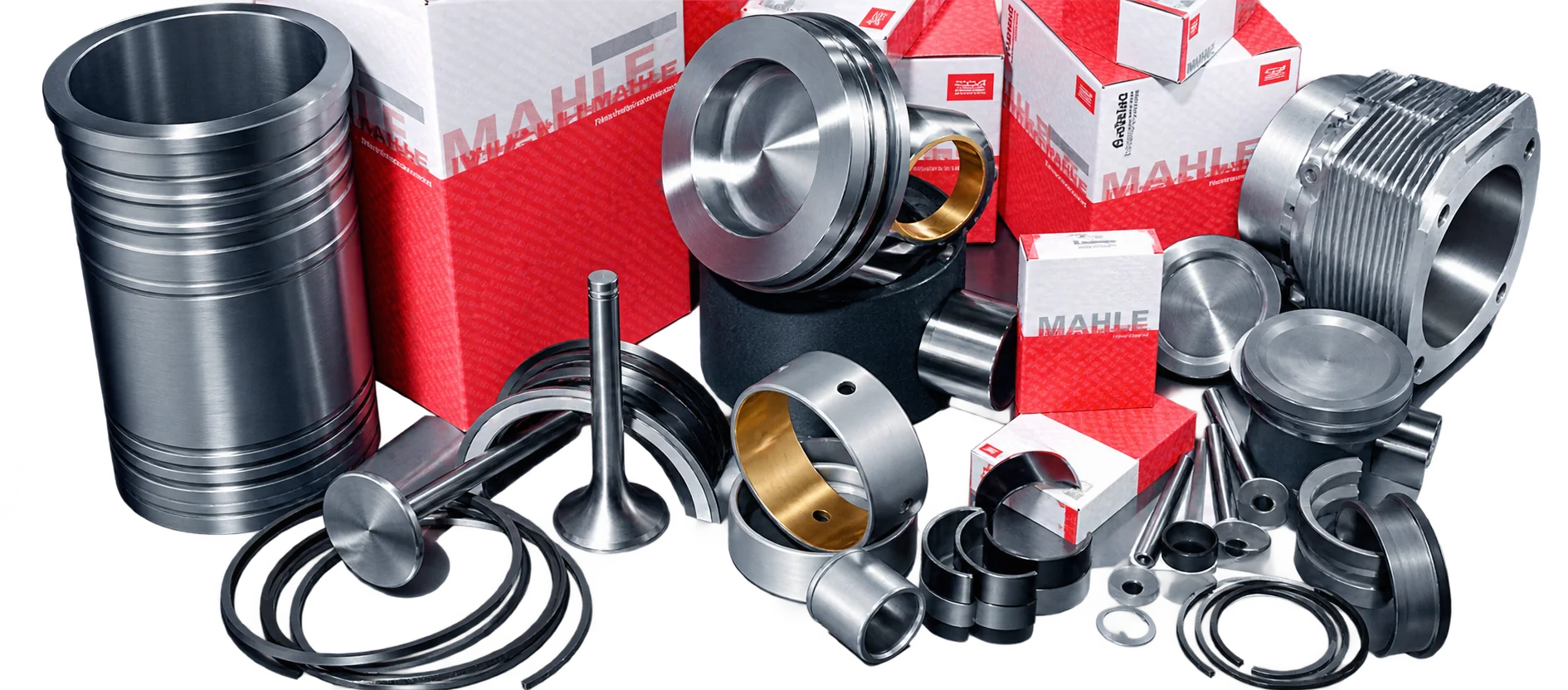 Assortiment de pièces de moteur Mahle, avec pistons, chemises, soupapes, bagues et boîtes rouges et blanches, disposé sur un fond gris foncé.