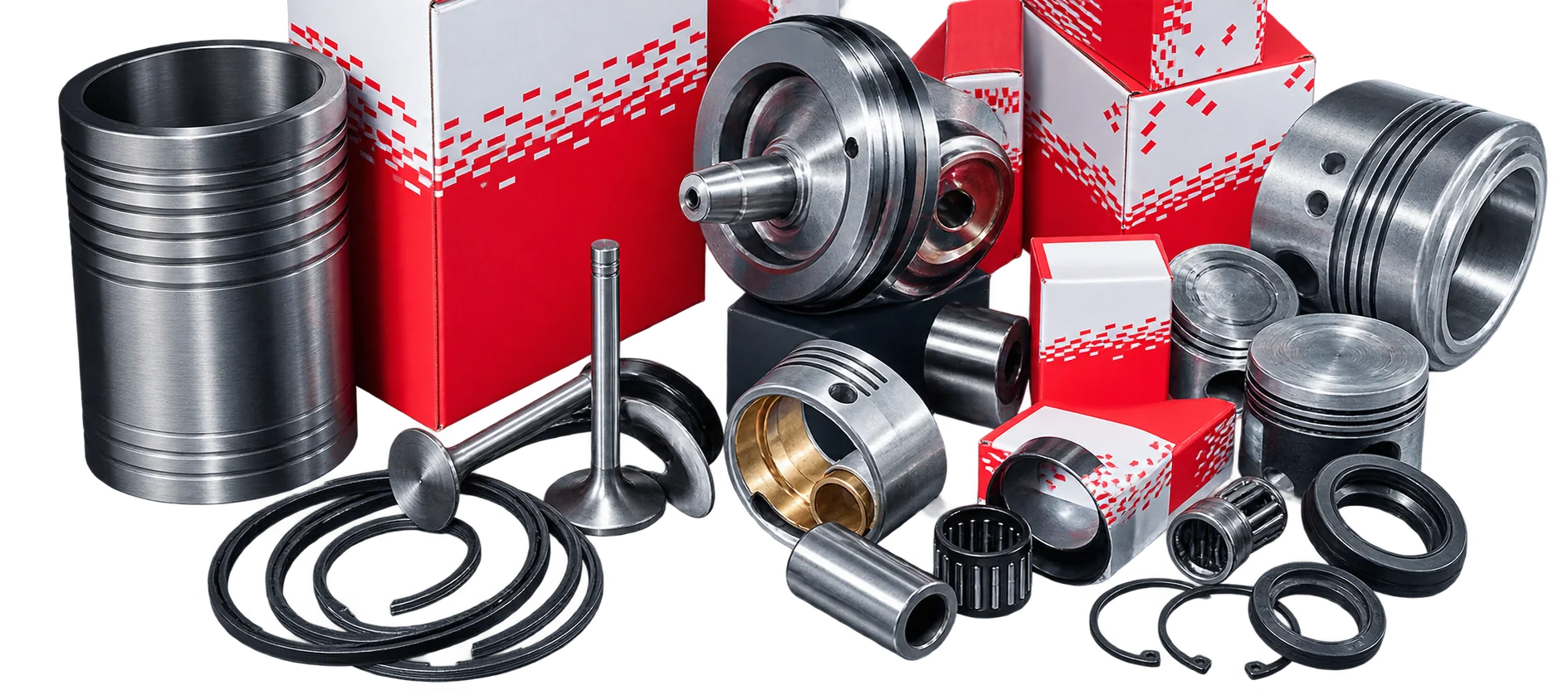 Un assortiment de pièces détachées de moteur, dont des pistons, des segments et des chemises, présenté avec des boîtes rouges en arrière-plan.